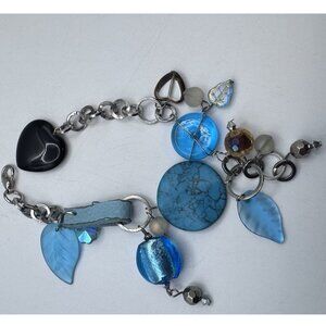 BLUE FOIL GLASS Beads Bracelet Whit Mix Materials And Silver Tone